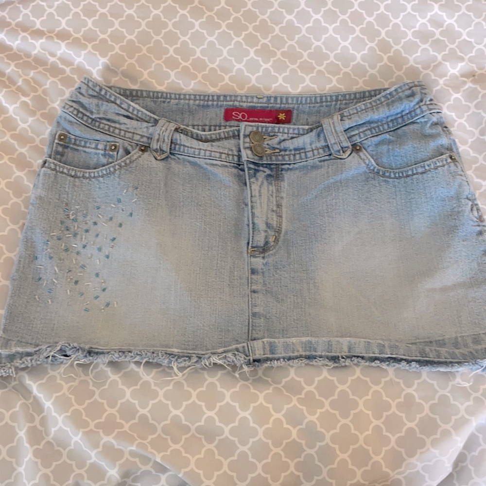 Denim Distressed Mini Skirt With Bead Detail